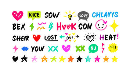 Colorful hand drawn icons and symbols hearts