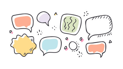 Colorful hand drawn speech bubbles and doodles dialogue