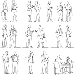 Create a Business people line cad art of business men and women standing walking talking working in front back and side view. Symbol for architecture and landscape design drawing. vector art