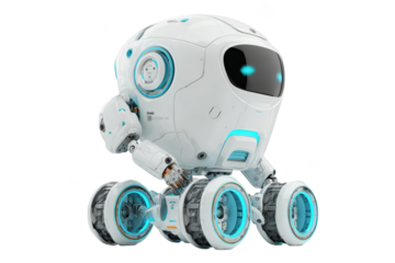 Futuristic white robot with glowing blue accents and six wheels