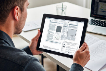 Caucasian young adult man holding tablet displaying document layout templates, sitting at desk with open notebook, working on digital project in modern office environment