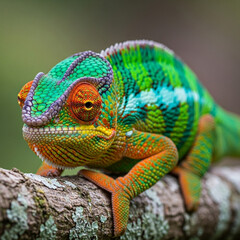 Fototapeta premium Mesmerizing portrait of an exotic chameleon, displaying its stunning array of vibrant colors and unique features against a blurred natural background.