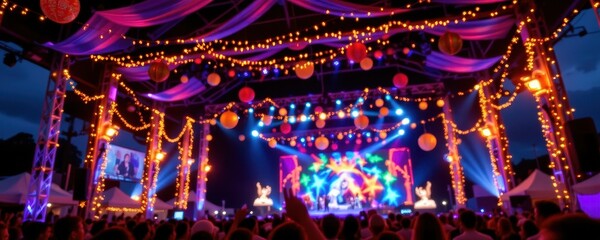 sparkling ornaments and string lights adorn festival stages creating glowing highlights and warm vibrant reflections that enhance joyous mood and celebration energy for participants.