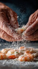 Fototapeta premium Hands sprinkle flour over shrimp, preparing them for cooking in a warmly lit kitchen atmosphere