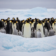 Emperor penguins crowd together in the Antarctic ice, a spectacle of nature's endurance.