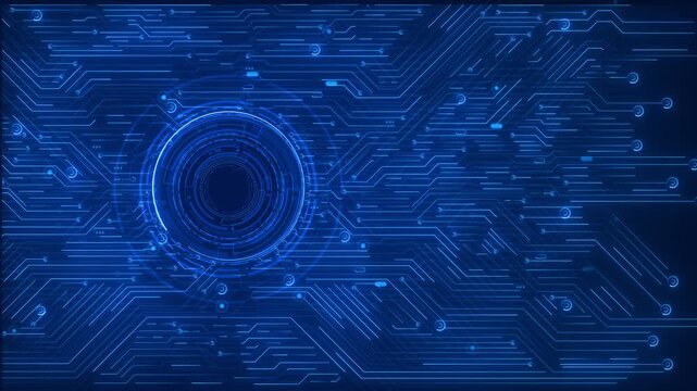 Blue futuristic printed circuit board. holiday presentations luminous particles, 3D network technology background. Digital server code processing or AI artificial intelligence deep machine learning