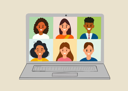 Online video chatroom illustration on notebook for remote meeting or class