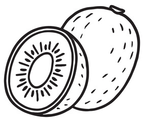 A minimalist black and white illustration featuring a whole kiwi fruit next to a cross-section of another, revealing its seeded interior.