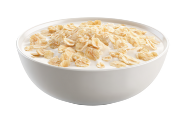Oatmeal cereal in a white bowl, floating in milk, ready to eat