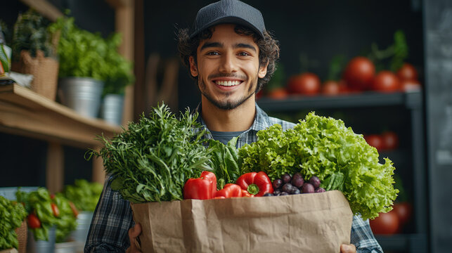 Smiling young man holding paper bag filled with fresh vegetables including lettuce bell pepper herbs and grapes inside grocery store healthy lifestyle cheerful mood