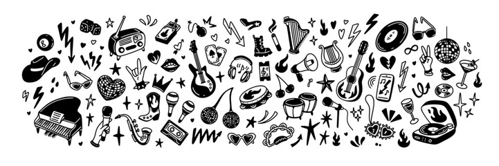 Hand drawn doodle rock, punk, pop music girly background. Woman bachelorette, Birthday, Christmas, New year party design. Karaoke and disco club. Whimsical crayon drawing. Martini glass