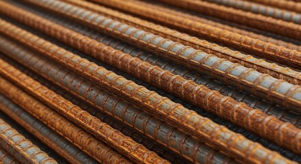 Close-up view of rusted steel rebar, a common construction material, showcasing texture, corrosion, and industrial aesthetics.