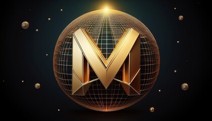 golden letter m symbol with wireframe sphere design