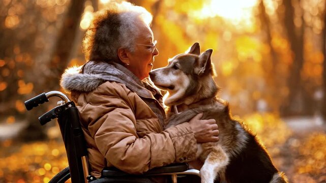 Elderly woman in wheelchair shares affectionate moment with her dog, showcasing love and companionship in a warm autumn setting with golden leaves and soft sunlight