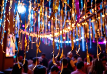 shimmering garlands and ribbons catch ambient light producing sparkling reflections enhancing magical festival environment and joyful communal celebrations.