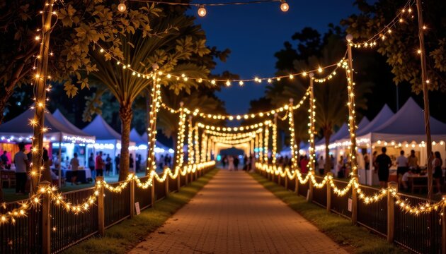 sparkling lights along pathways illuminate festival venues producing radiant reflections enhancing cheerful mood and communal celebratory energy.
