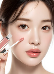 Fototapeta premium Lip Gloss Application Close-up of Young Asian Woman