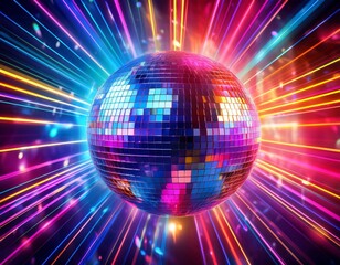 vibrant retro poster featuring neon lights and disco ball in a colorful party atmosphere