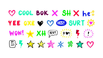 Colorful handwritten words and symbols pink