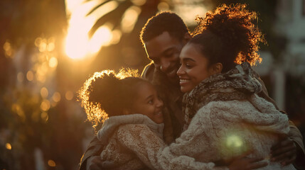 Happy Family Embracing at Sunset