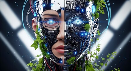 Futuristic duality: A cyborg face merging human visage with technological intricacies and