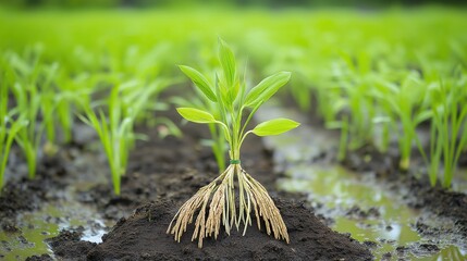 A fresh young rice plant with roots intact, displayed above the soil, set against a lush, flooded rice field with rows of green plants growing steadily.