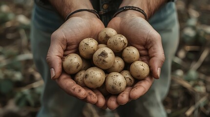 Farmer’s Hands Holding Wicker Basket of Freshly Dug Potatoes