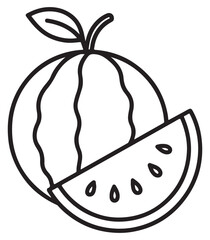 Simple outline drawing of a watermelon and a slice
