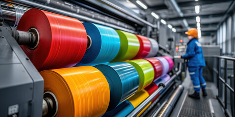 Modern printing machine processing colorful reels of material with factory worker supervising production