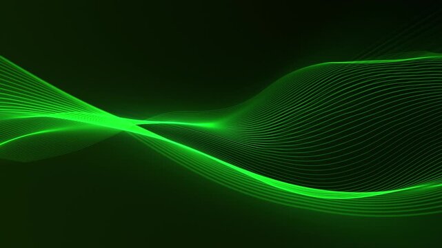 Dynamic green lines flow across a dark background, creating a futuristic abstract design.