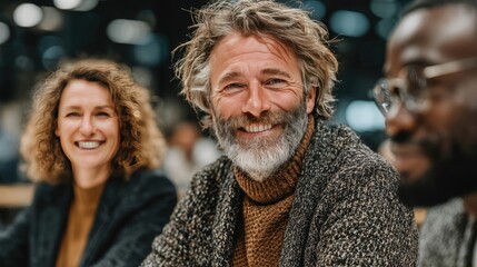 Smiling couple consulting with a financial advisor at a table in a modern office