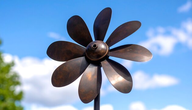 A weathered, dark bronze flower-shaped wind spinner against a vibrant blue sky and fluffy white clouds.