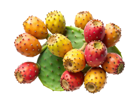 A colorful arrangement of prickly pear fruits and a cactus pad on white