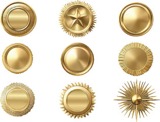 Collection of Nine Golden Decorative Circular Emblems and Medallions with Intricate Designs