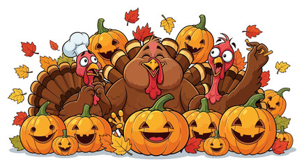 Festive Thanksgiving Turkeys and Pumpkins Cartoon Illustration