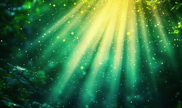 Asymmetric green light burst. abstract beautiful rays of lights on a dark green background with the colors of green and yellow