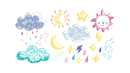 Hand drawn crayon weather elements moon clouds