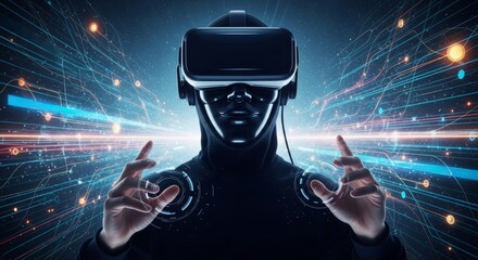 Man in virtual reality glasses interacting with a futuristic digital interface. Metaverse and interactive future technology concept.