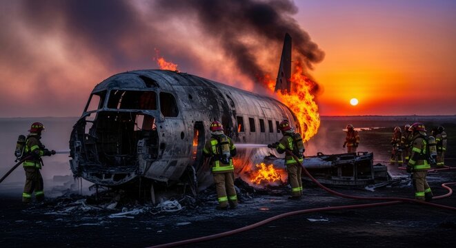 Firefighters extinguish a large fire from a plane wreckage at sunset. Emergency rescue team puts out flames from a burning aircraft at incident site.