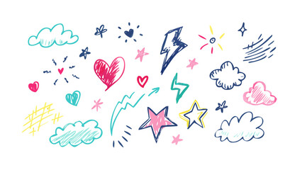 Hand drawn doodle icons shapes hearts