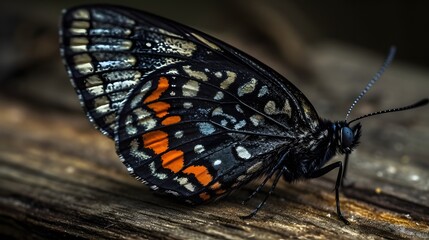 Detailed high-resolution close-up capturing a black butterfly adorned with bold white and orange markings perched on rustic bark, emphasizing sharp color contrast, textural black swallowtail butterfly