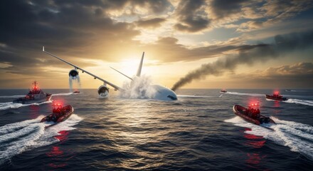 Airliner crash landing in open ocean with rescue boats arriving at sunset. Aviation disaster and dramatic plane accident.