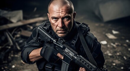 Fototapeta premium Male soldier with gun. Military serviceman with firearm. Special forces operative in tactical gear. Combat and war concept.