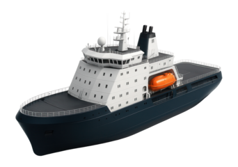 Icebreaker with multiple decks and a large, enclosed lifeboat system