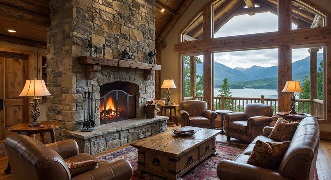 Cozy lodge living room with fireplace, lake view, and comfortable leather seating