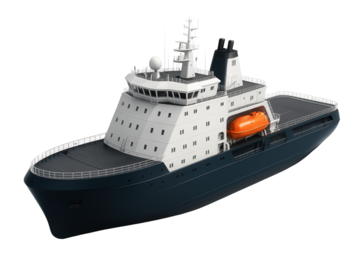 Icebreaker with multiple decks and a large, enclosed lifeboat system