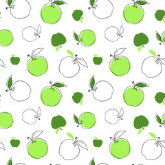 Green apples with outline on white background, seamless pattern, vector illustration, flat design. A modern fruit element for labels, decorations, fabrics, packaging, wrapping paper, hand-painted