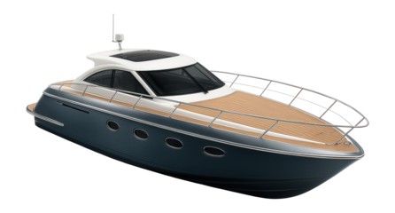 Motor yacht with a curved bow and side portholes