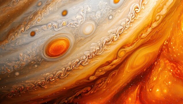 A vibrant, swirling, abstract depiction of planetary storms and atmospheric turbulence resembling Jupiter"s iconic gas giant patterns.