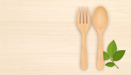 Light beige wooden table with a fork and spoon, accented with green leaves.